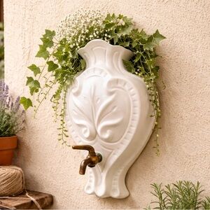 VTG Wall Pocket Vase With Brass Spigot, California Pottery Santa Anita Ware